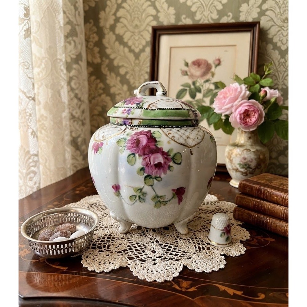 Antique Victorian Porcelain Ginger Jar Pink Roses Gold Gilt 1895-1920